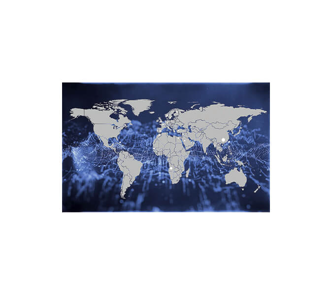 Weltkarte auf blauem Hintergrund.