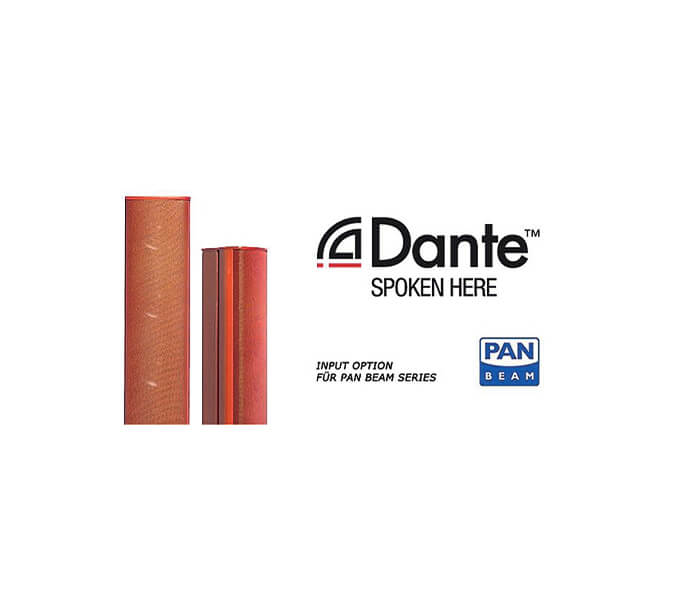 Zwei rote Pan Beam-Linienstrahler mit Dante-Funktion. Dante spoken here. Input Option für Pan Beam Series.