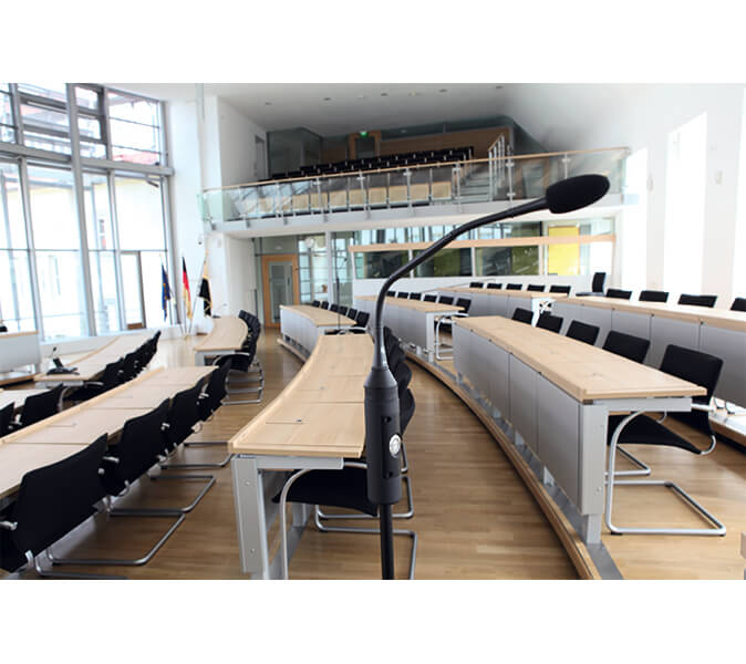 Looking across the empty rows of the plenary hall in Magdeburg's state parliament.