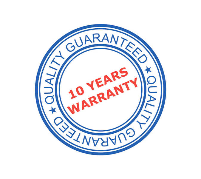 Siegel zum Qualitätsversprechen von einer Garantie von 10 Jahren. 10 Years Warranty. Quality Guaranteed. 