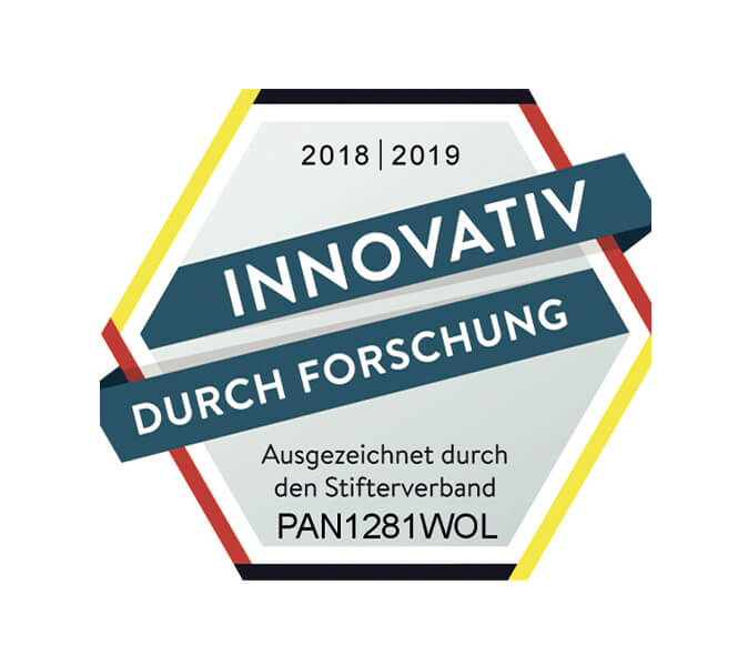 Logo zur Auszeichnung Innovativ durch Forschung 2018 | 2019. Ausgezeichnet durch den Stifterverband. PAN1281WOL