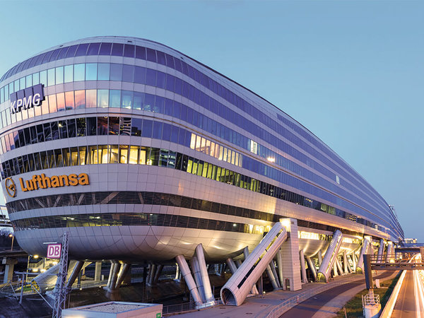 Germany's largest office building, which looks like a horizontal skyscraper or a large ship with its many windows.