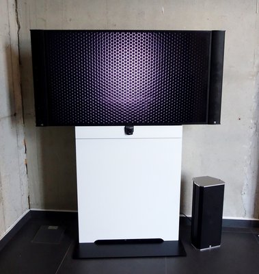 Media stele with speakers at display height and RJ connector