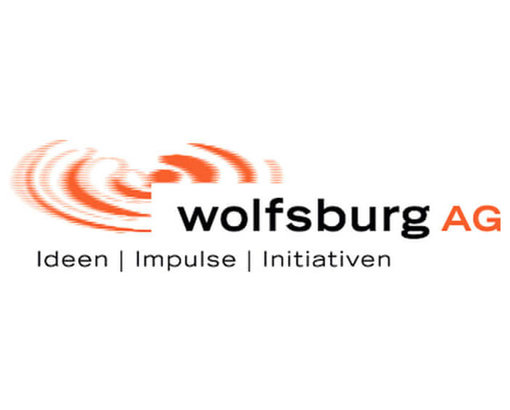  Logo of Wolfsburg AG. Ideas | Impulses | Initiatives (in German:  Ideen | Impulse | Initiativen)