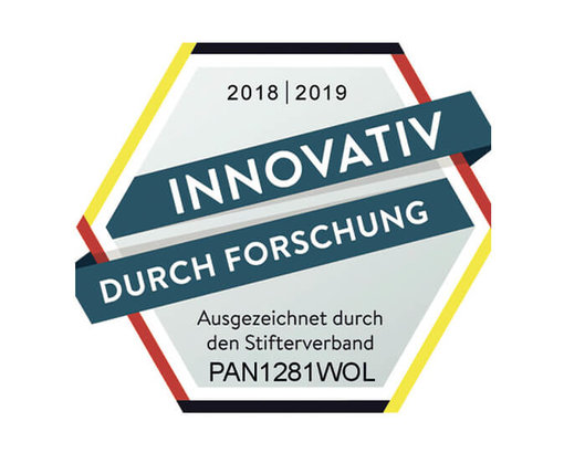 Logo zur Auszeichnung Innovativ durch Forschung 2018 | 2019. Ausgezeichnet durch den Stifterverband. PAN1281WOL